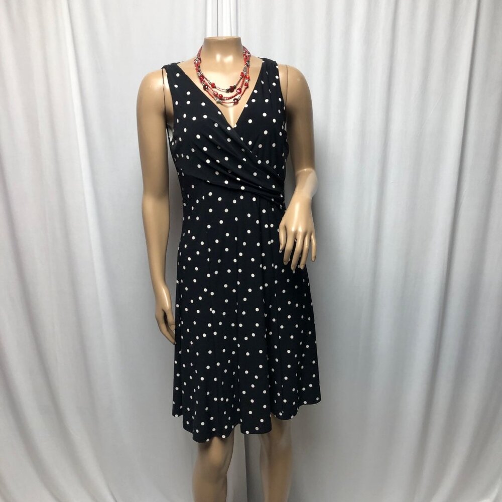 Chaps Dress Womens Size Small Black White Polka Dots Stretch Sleeveless A-line